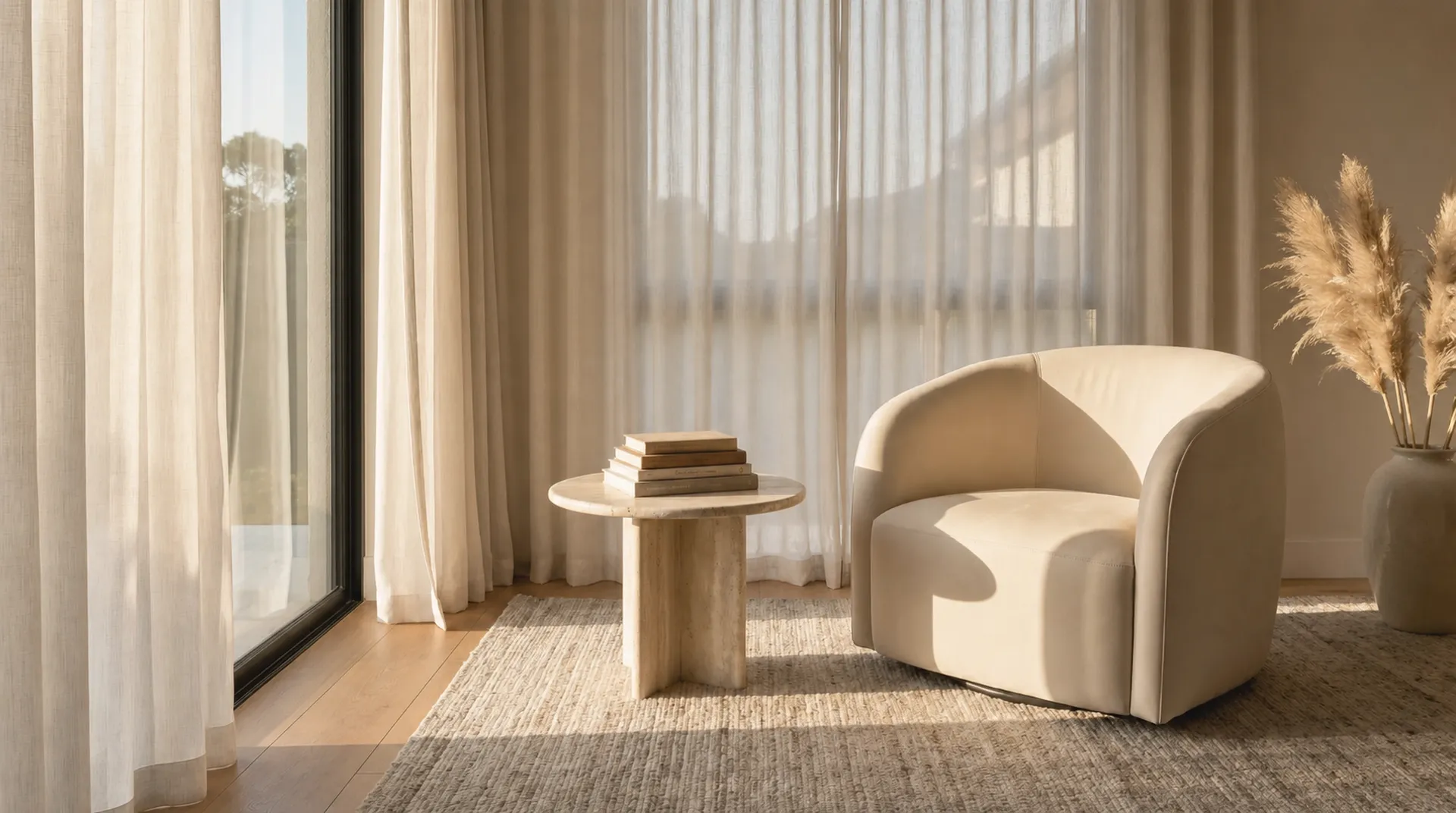 A sunlit reading nook with a cream armchair by a window with sheer curtains