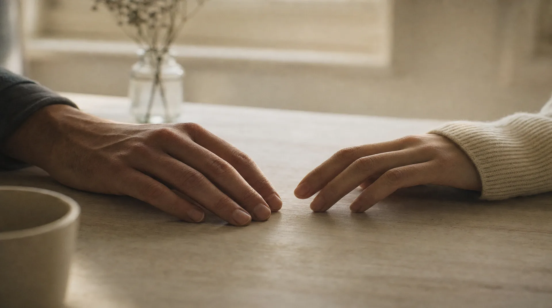 Two hands resting near each other on a wooden table, not quite touching