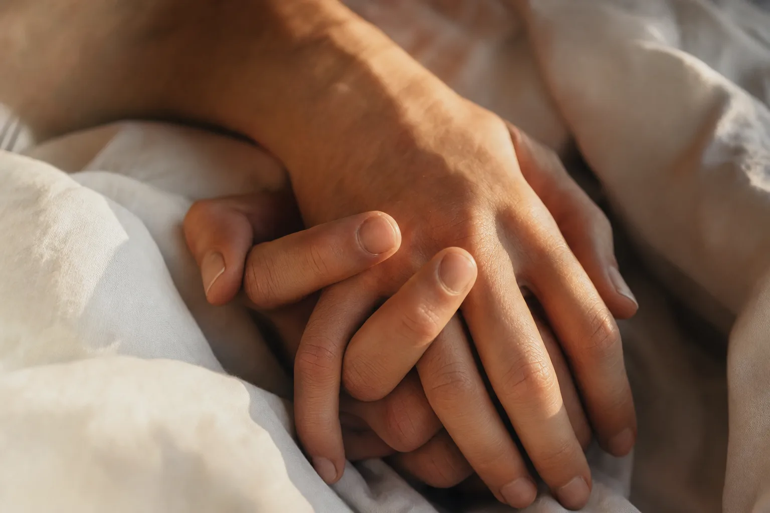 Two hands intertwined in soft morning light