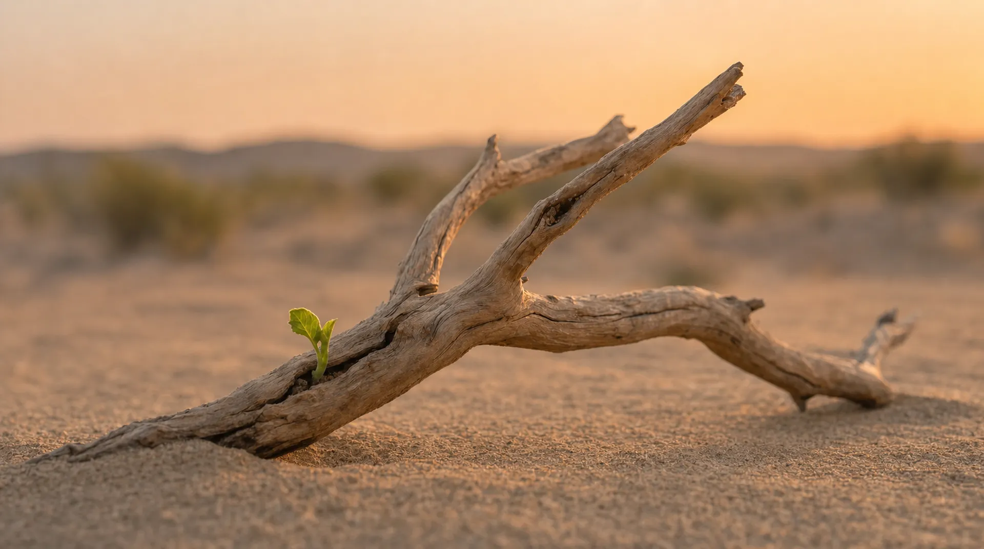A dry branch sprouting one green leaf in sand