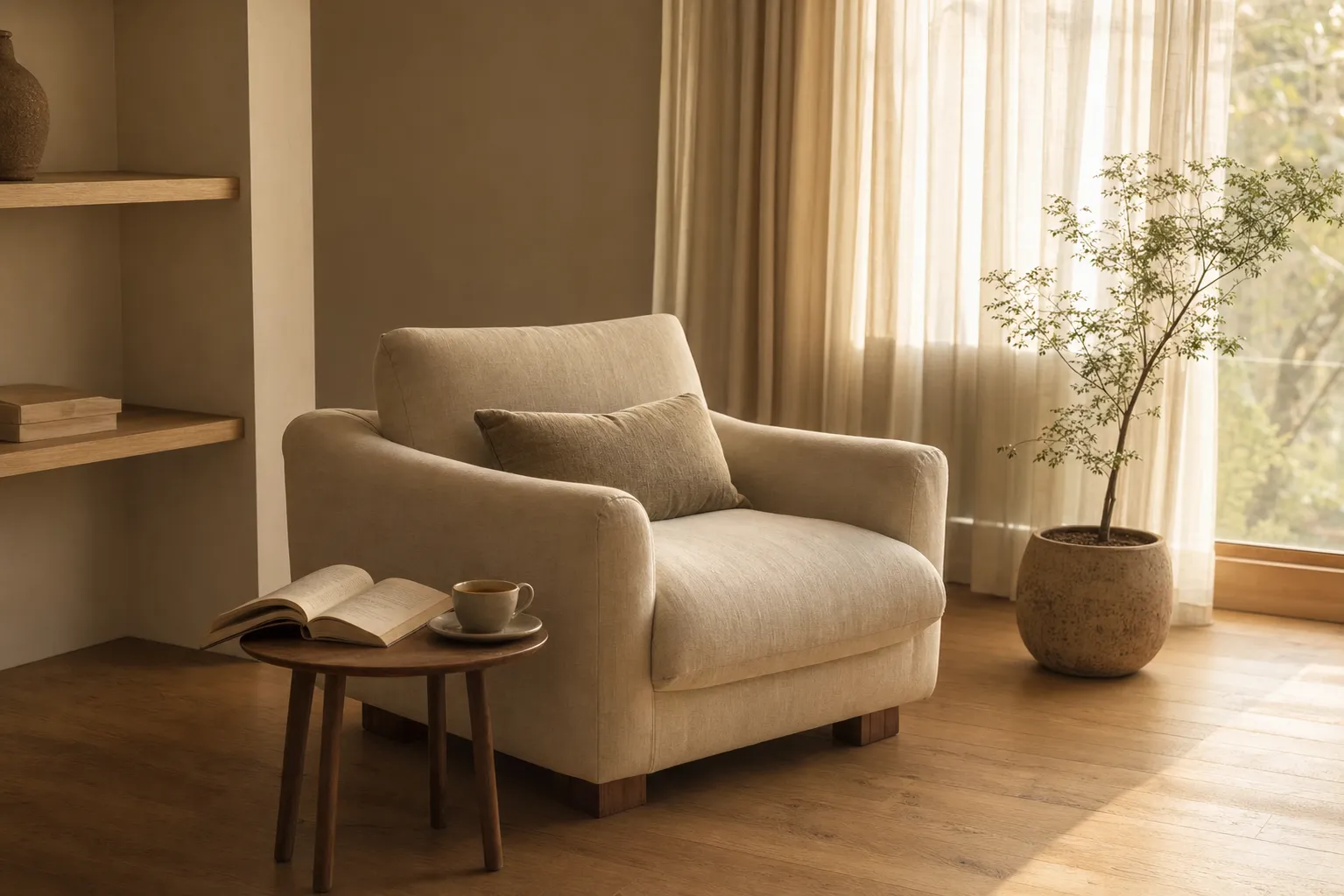 A single reading chair beside a sunlit window