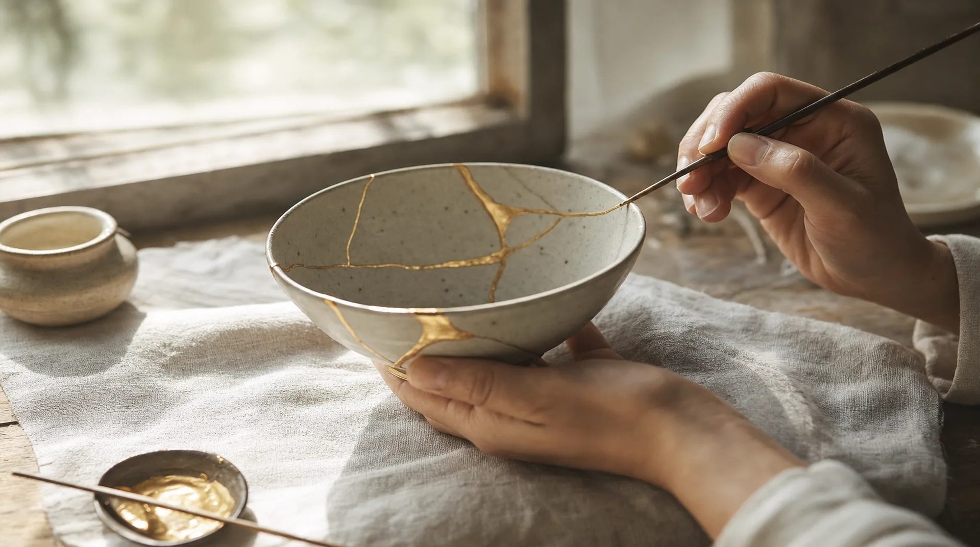 Hands repairing a ceramic bowl with gold kintsugi seams