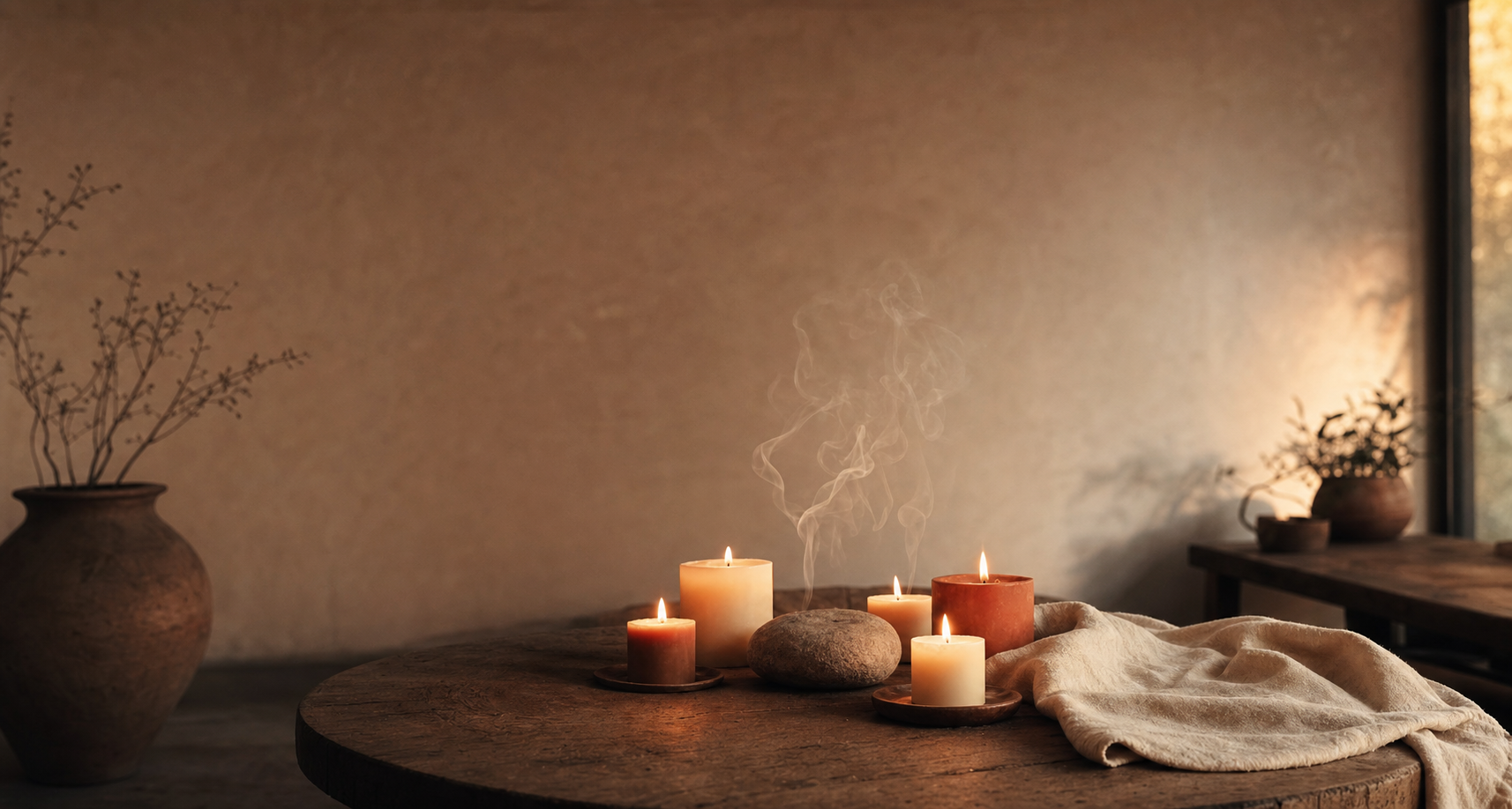 A small circle of lit candles around a smooth stone on a wooden table at dusk
