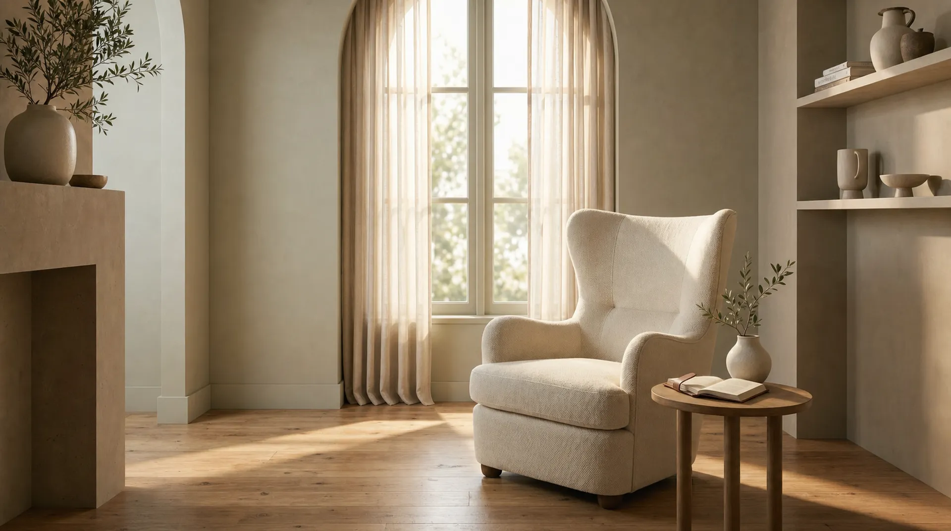 A quiet reading corner with a single wingback chair beside an arched window