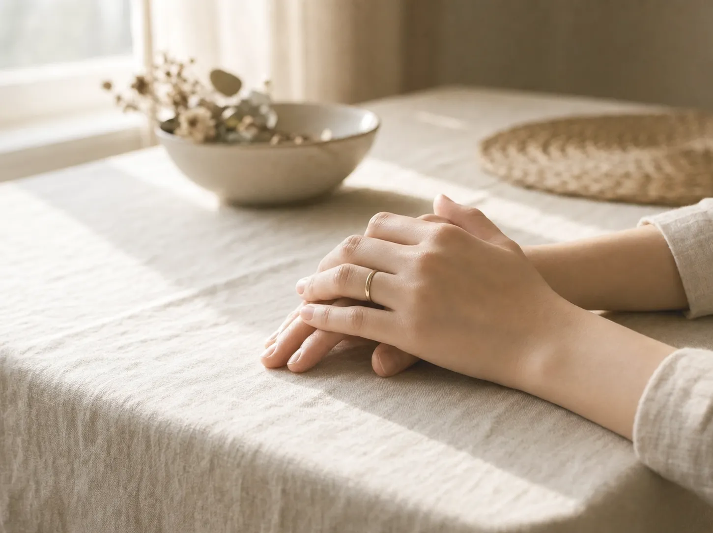 Intertwined hands resting on a linen table