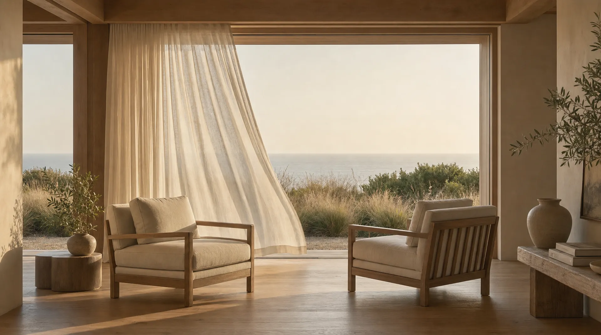 Two chairs facing a coastal view through a sheer curtain