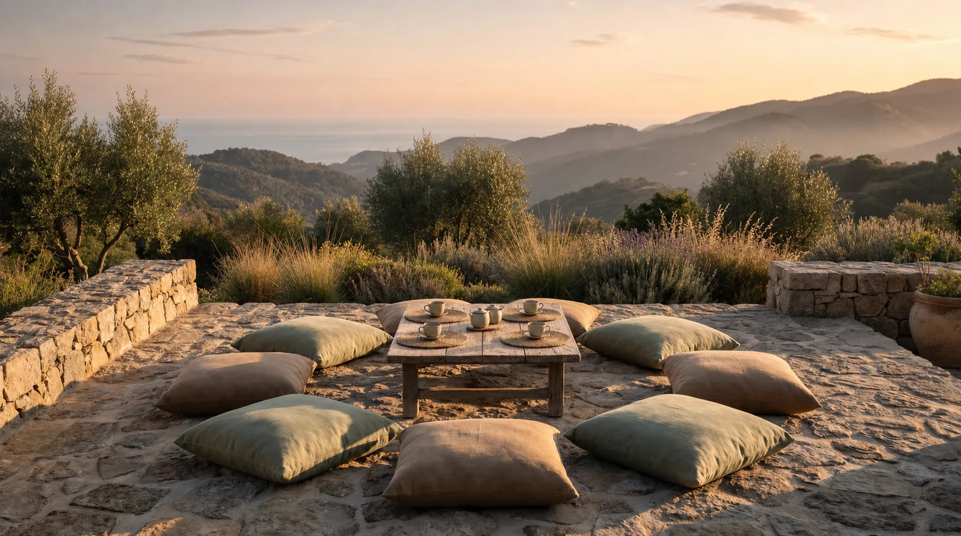 A circle of linen floor cushions arranged around a low wooden table on a stone terrace overlooking hazy hills at golden hour