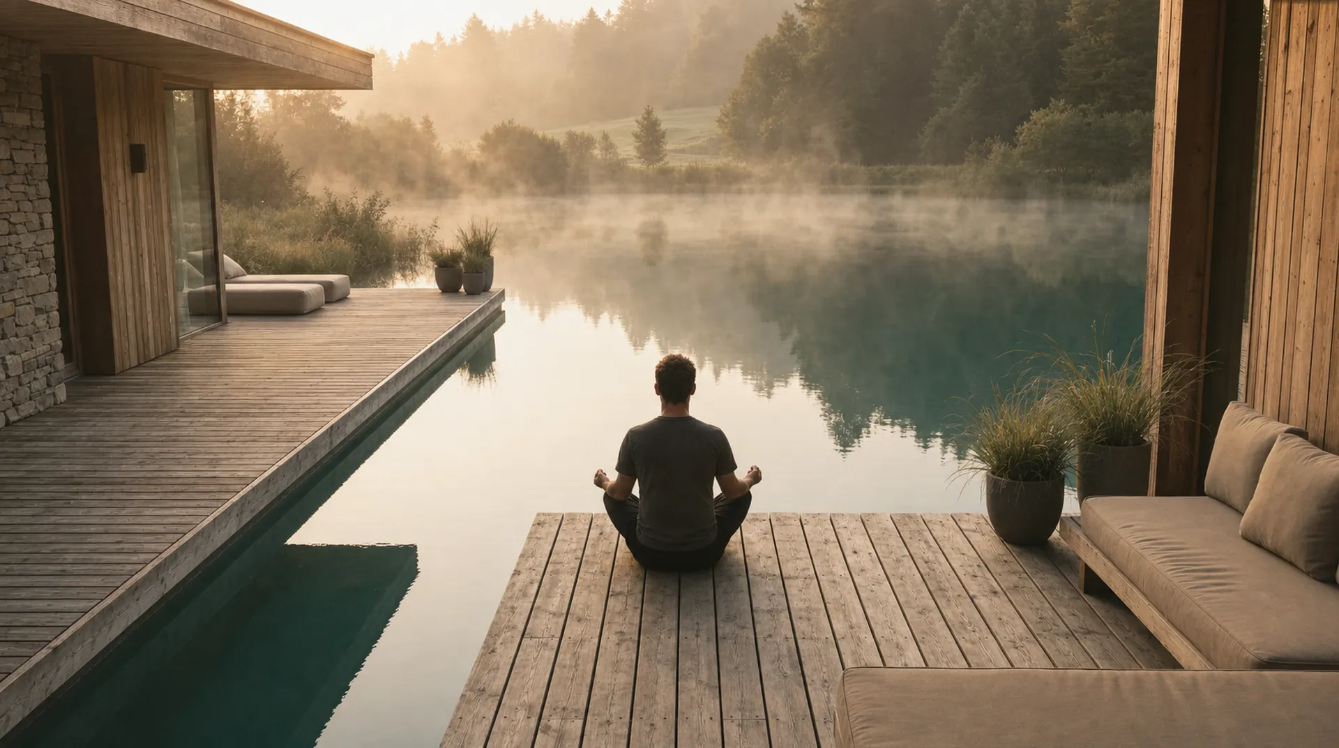 A silhouetted figure meditating on a dock at dawn, facing the water